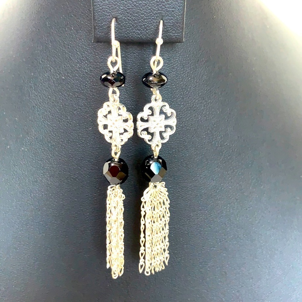 Silver Tone Beaded Chain Chandelier Earrings